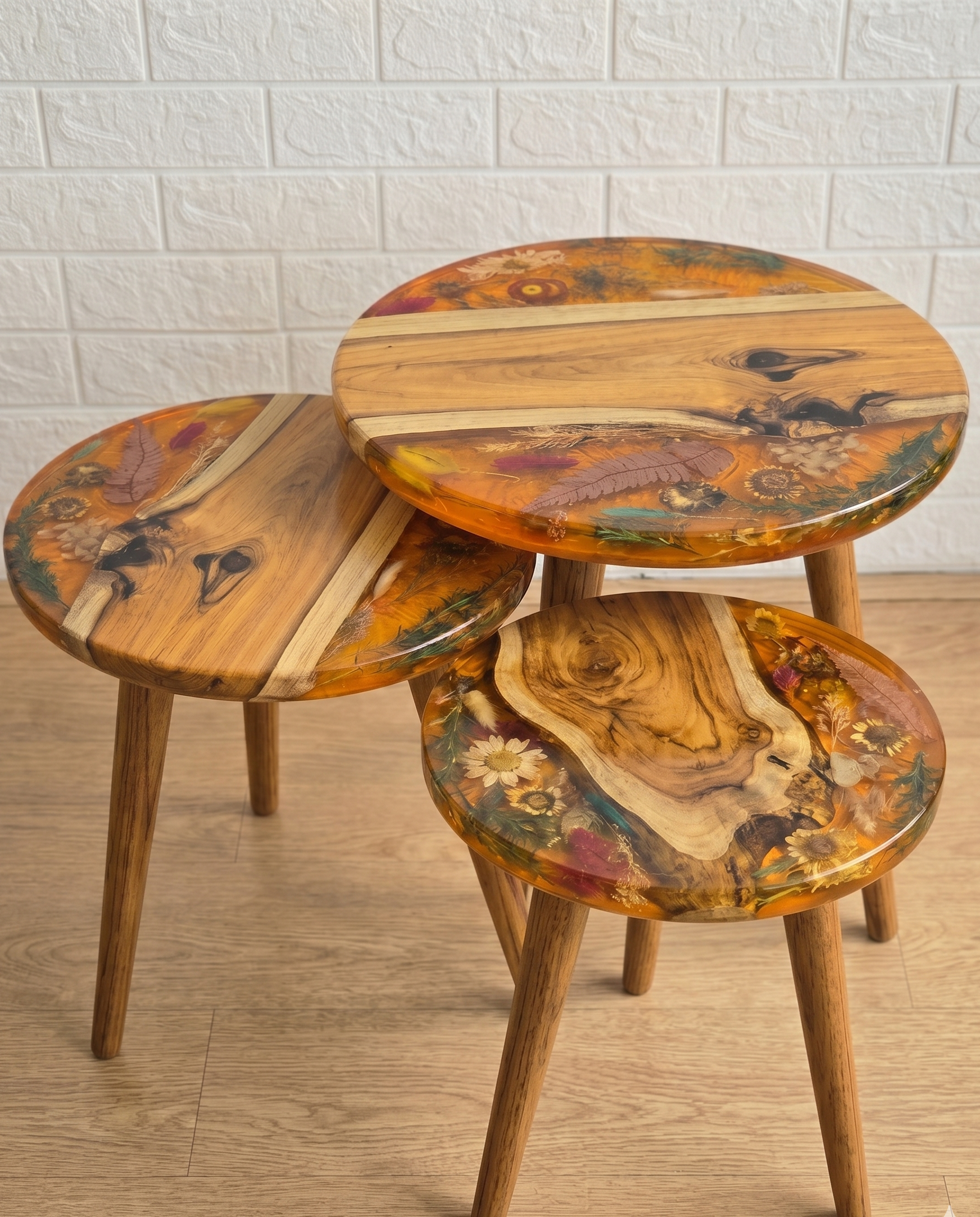 Wooden Epoxy Resin Nesting Tables Set – Handmade Floral Coffee Tables - Woods And Knots