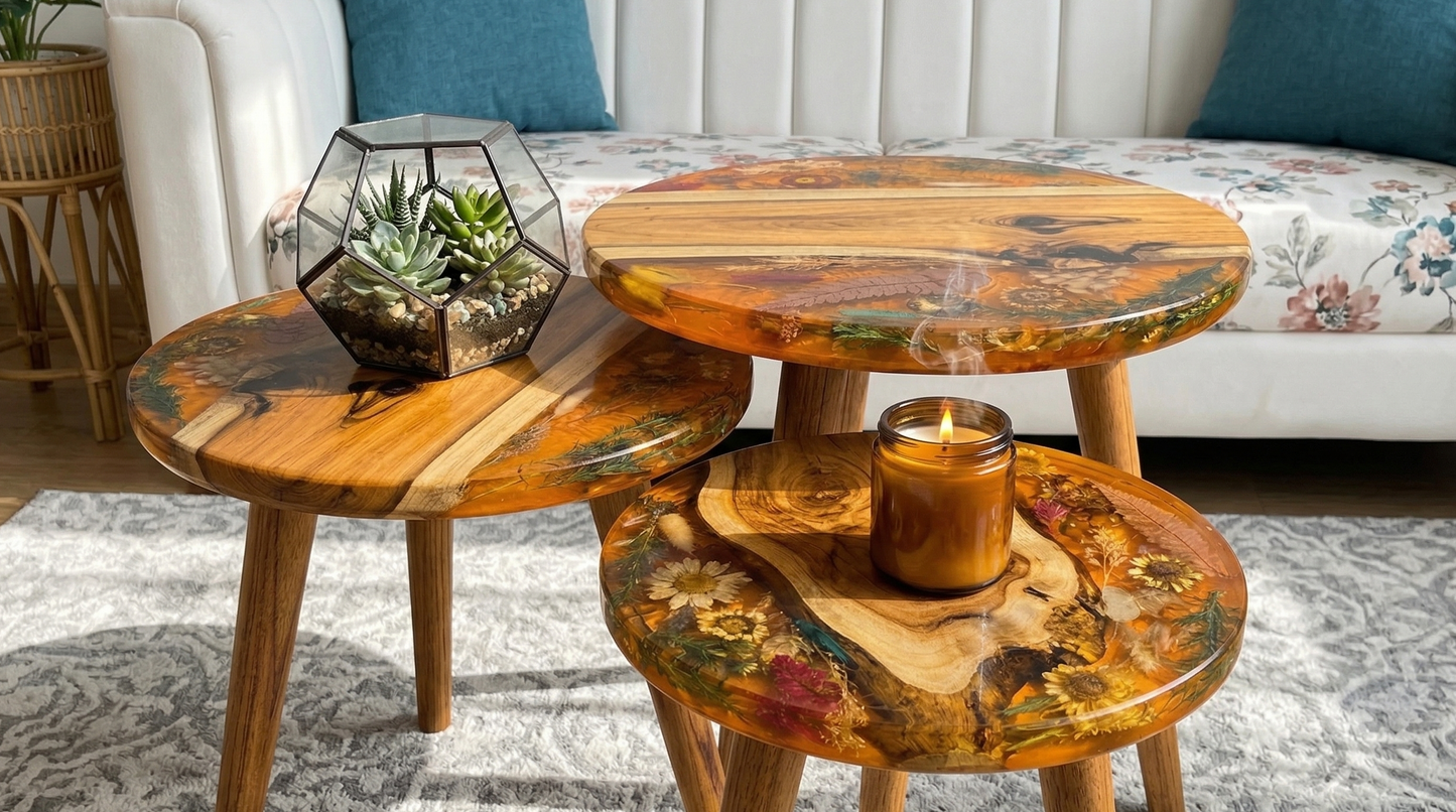 Wooden Epoxy Resin Nesting Tables Set – Handmade Floral Coffee Tables - Woods And Knots