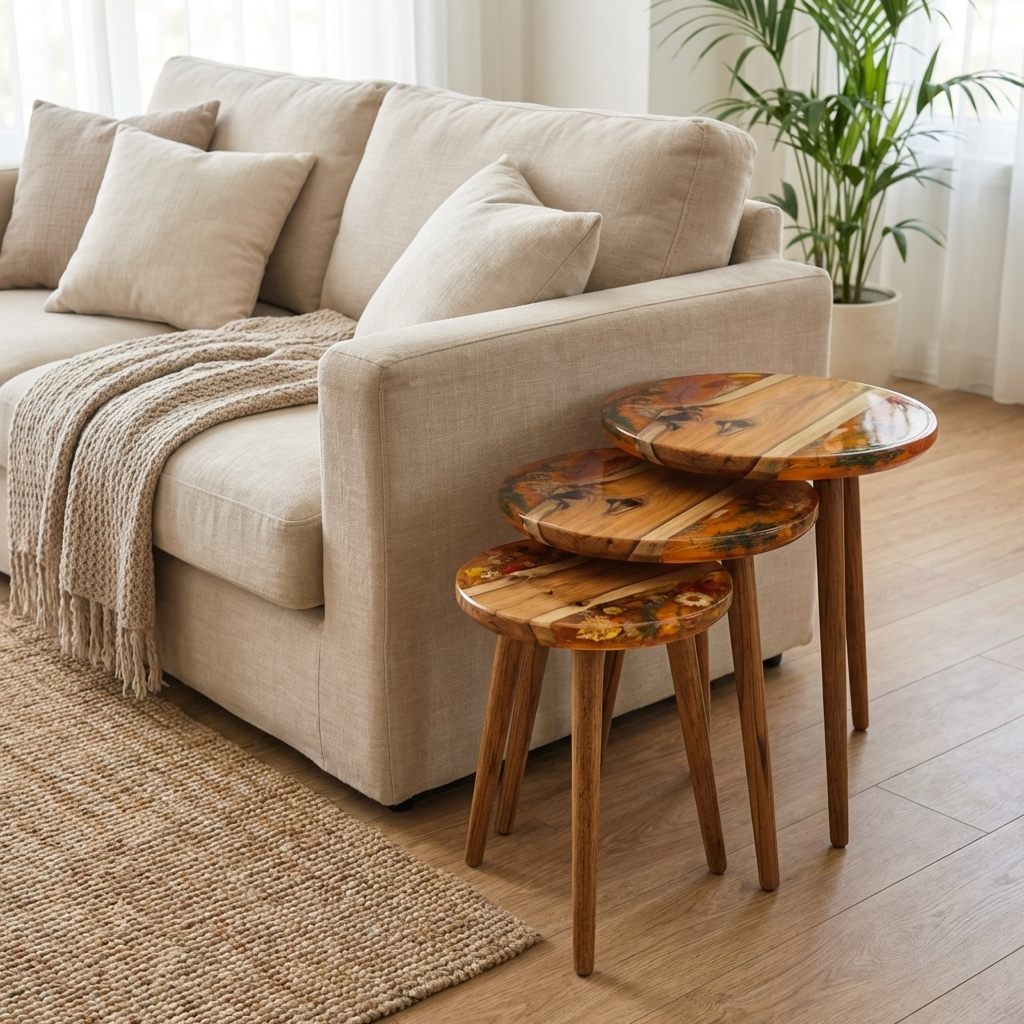Wooden Epoxy Resin Nesting Tables Set – Handmade Floral Coffee Tables - Woods And Knots