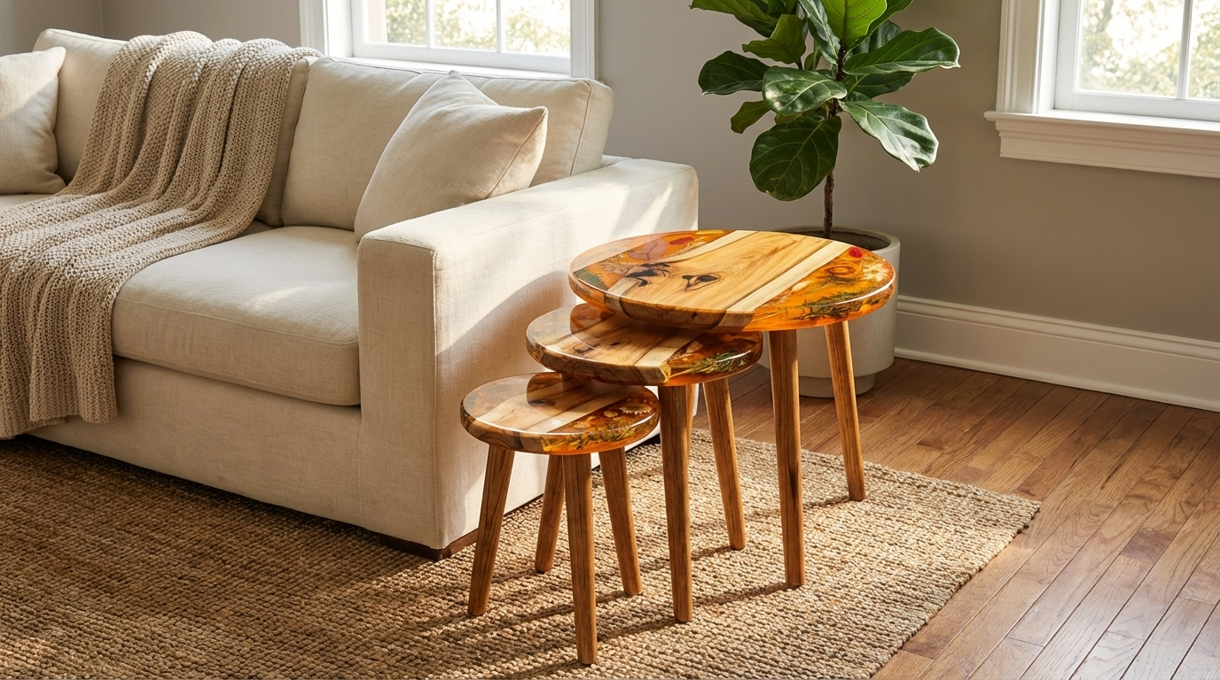 Wooden Epoxy Resin Nesting Tables Set – Handmade Floral Coffee Tables - Woods And Knots