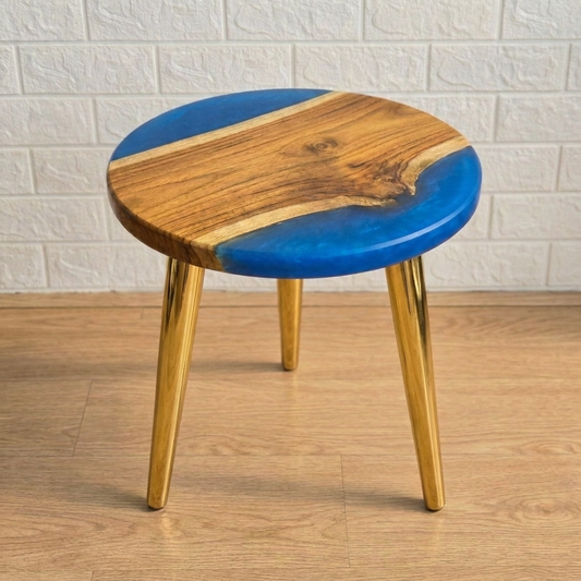 Round Blue Resin & Wood Side Table - Woods And Knots