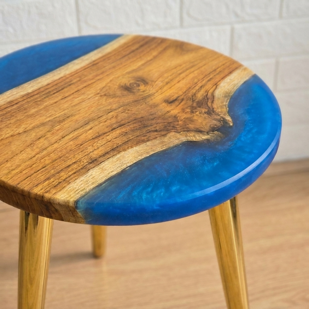 Round Blue Resin & Wood Side Table - Woods And Knots