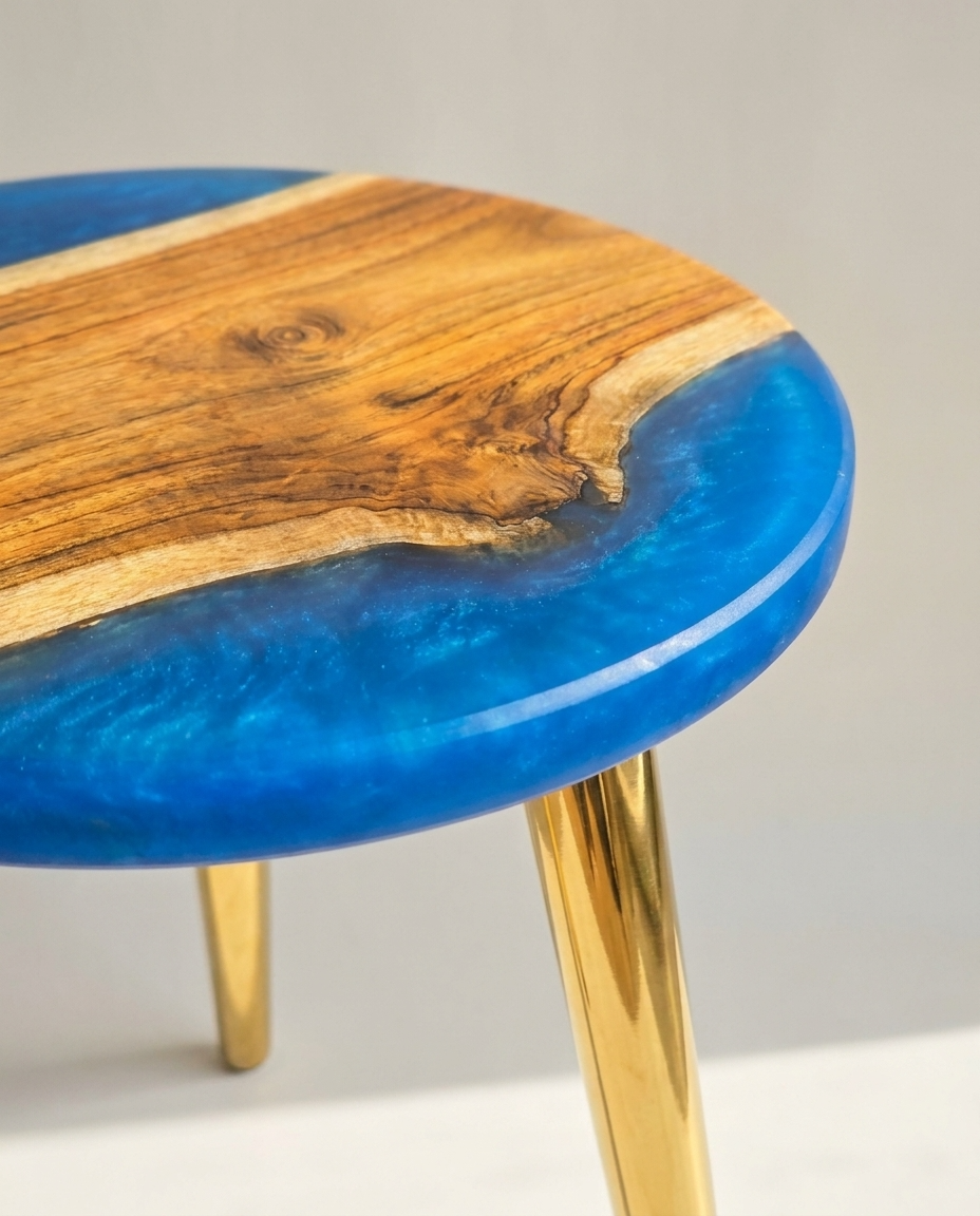 Round Blue Resin & Wood Side Table - Woods And Knots