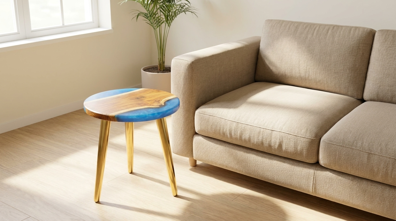 Round Blue Resin & Wood Side Table - Woods And Knots