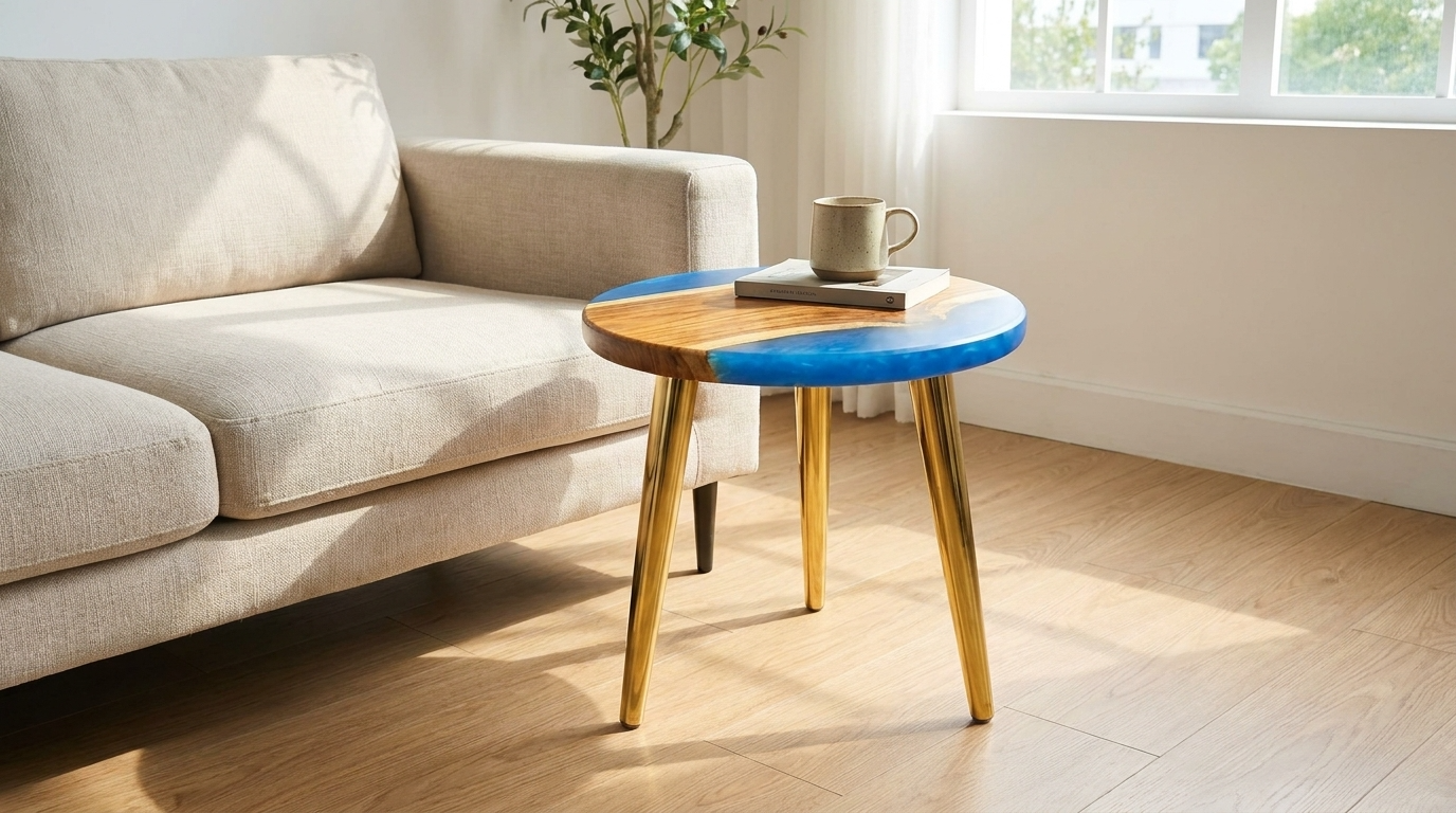 Round Blue Resin & Wood Side Table - Woods And Knots