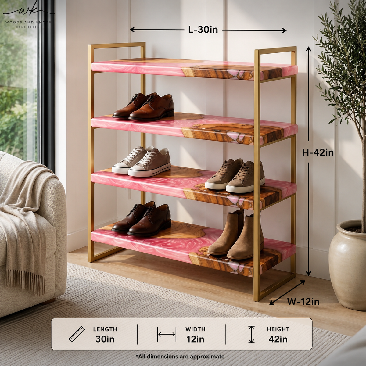 Pink Epoxy Resin & Wood Shoe Rack | 4-Tier Handmade Shoe Organizer