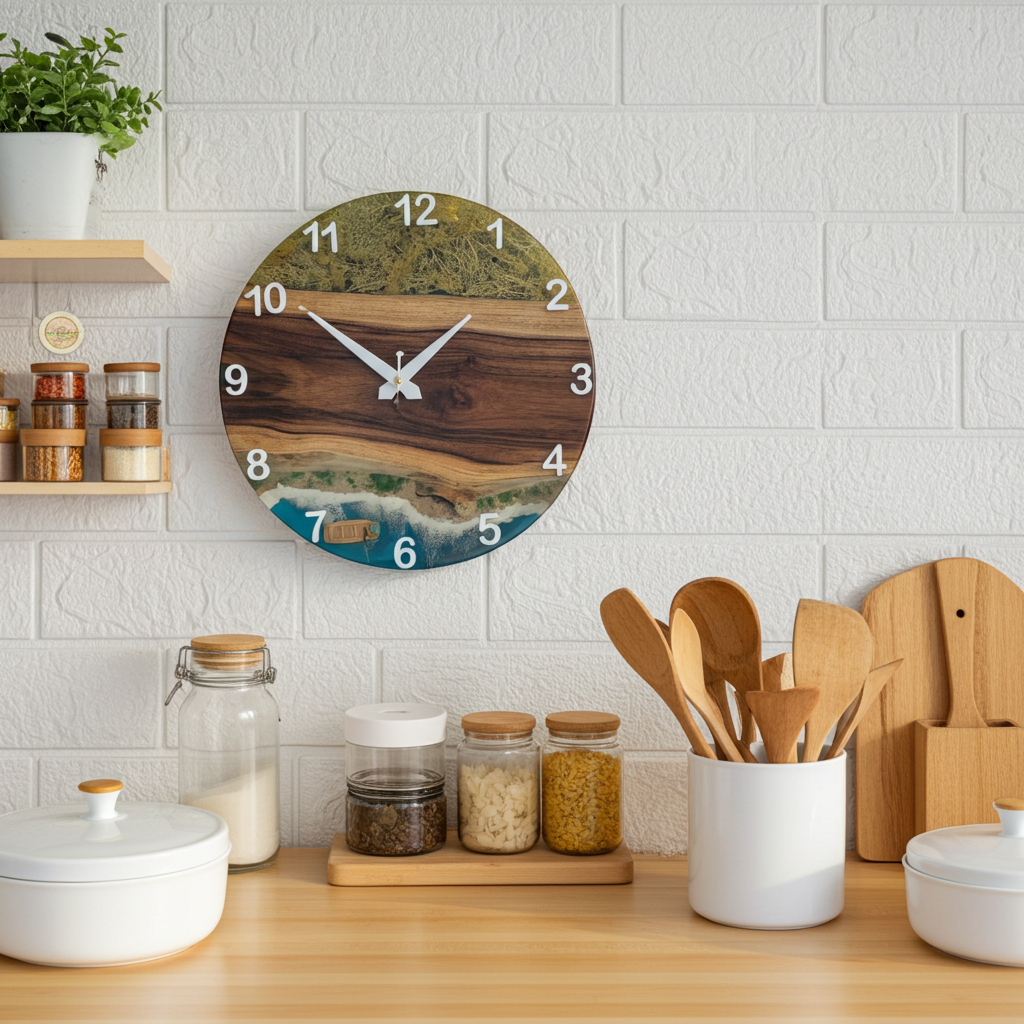 Island Wave Epoxy Wall Clock – Resin Art on Wood