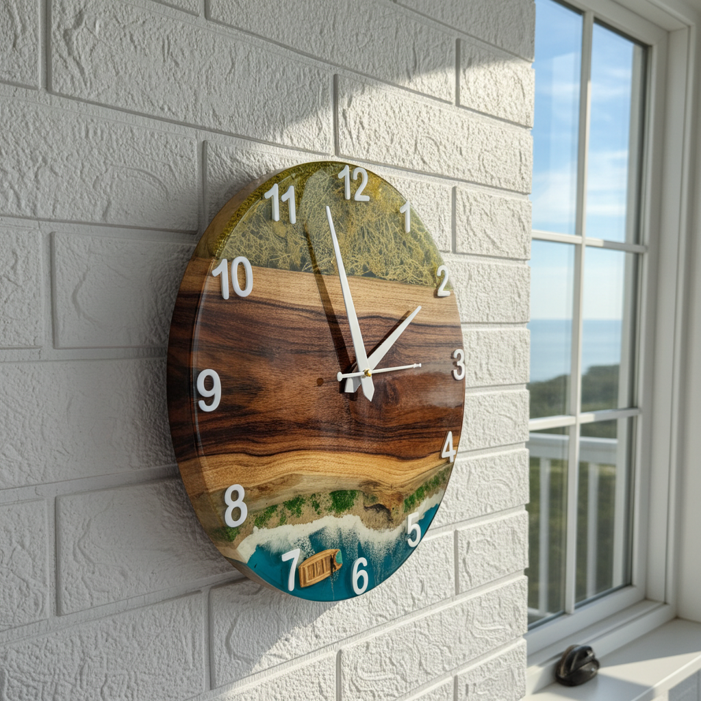 Island Wave Epoxy Wall Clock – Resin Art on Wood