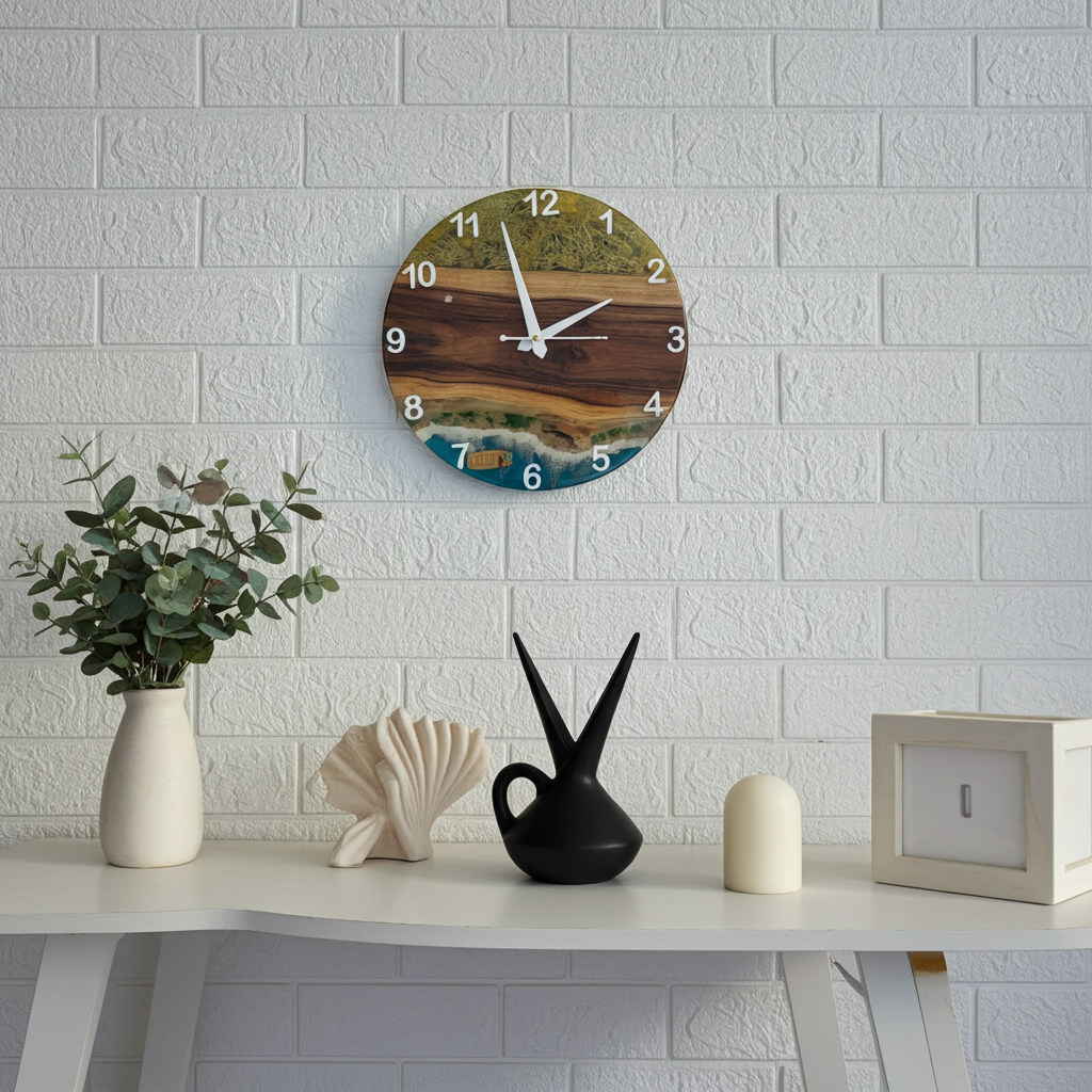 Island Wave Epoxy Wall Clock – Resin Art on Wood