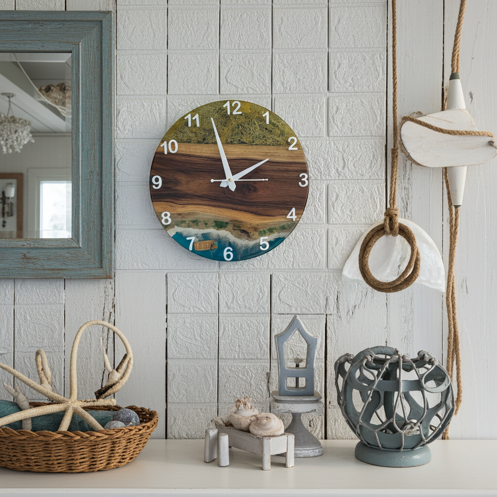 Island Wave Epoxy Wall Clock – Resin Art on Wood