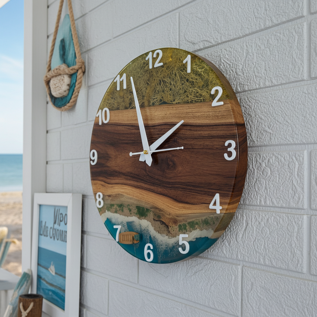 Island Wave Epoxy Wall Clock – Resin Art on Wood