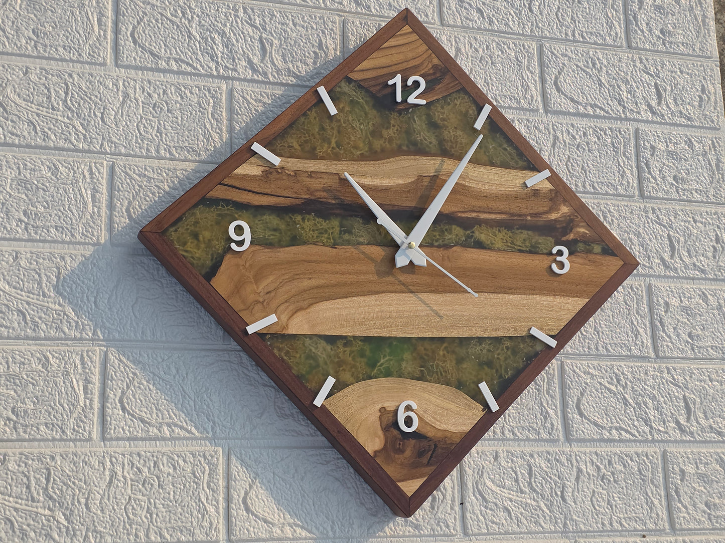 Handcrafted Square Epoxy Wood Wall Clock with Green Moss Inlay – Modern Rustic Design by Woods and Knots