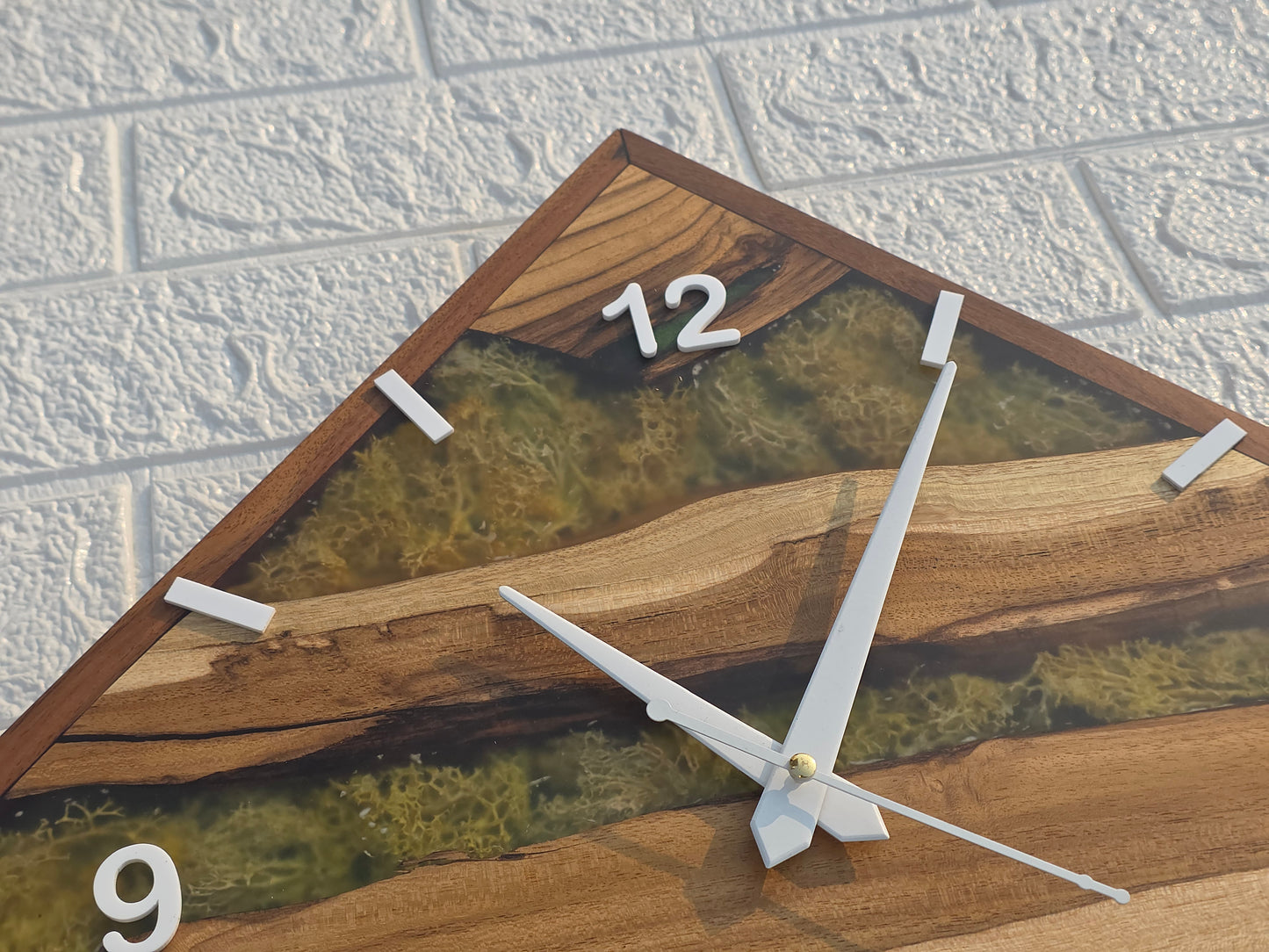 Handcrafted Square Epoxy Wood Wall Clock with Green Moss Inlay – Modern Rustic Design by Woods and Knots