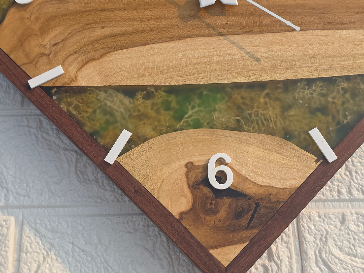 Handcrafted Square Epoxy Wood Wall Clock with Green Moss Inlay – Modern Rustic Design by Woods and Knots