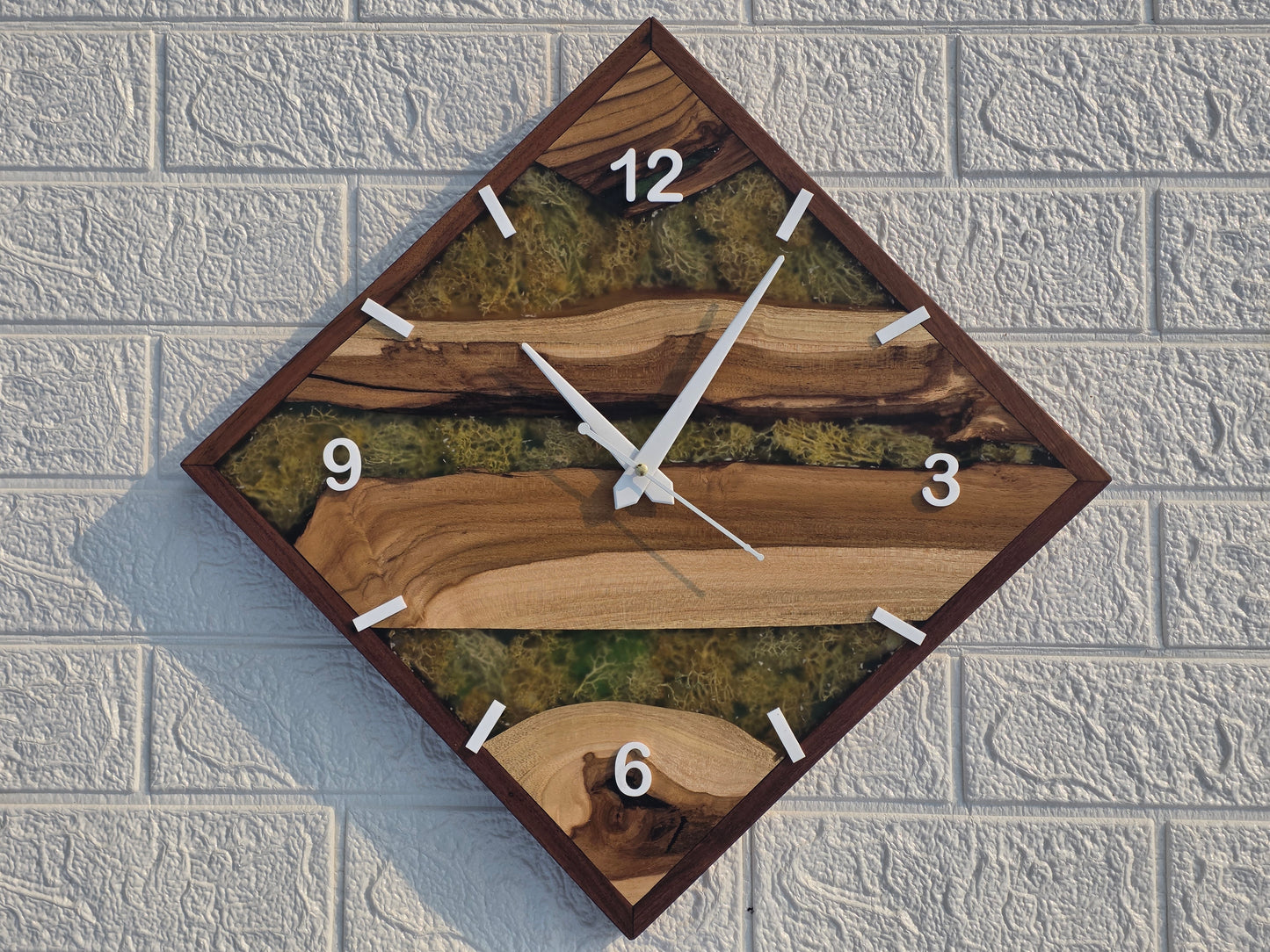 Handcrafted Square Epoxy Wood Wall Clock with Green Moss Inlay – Modern Rustic Design by Woods and Knots