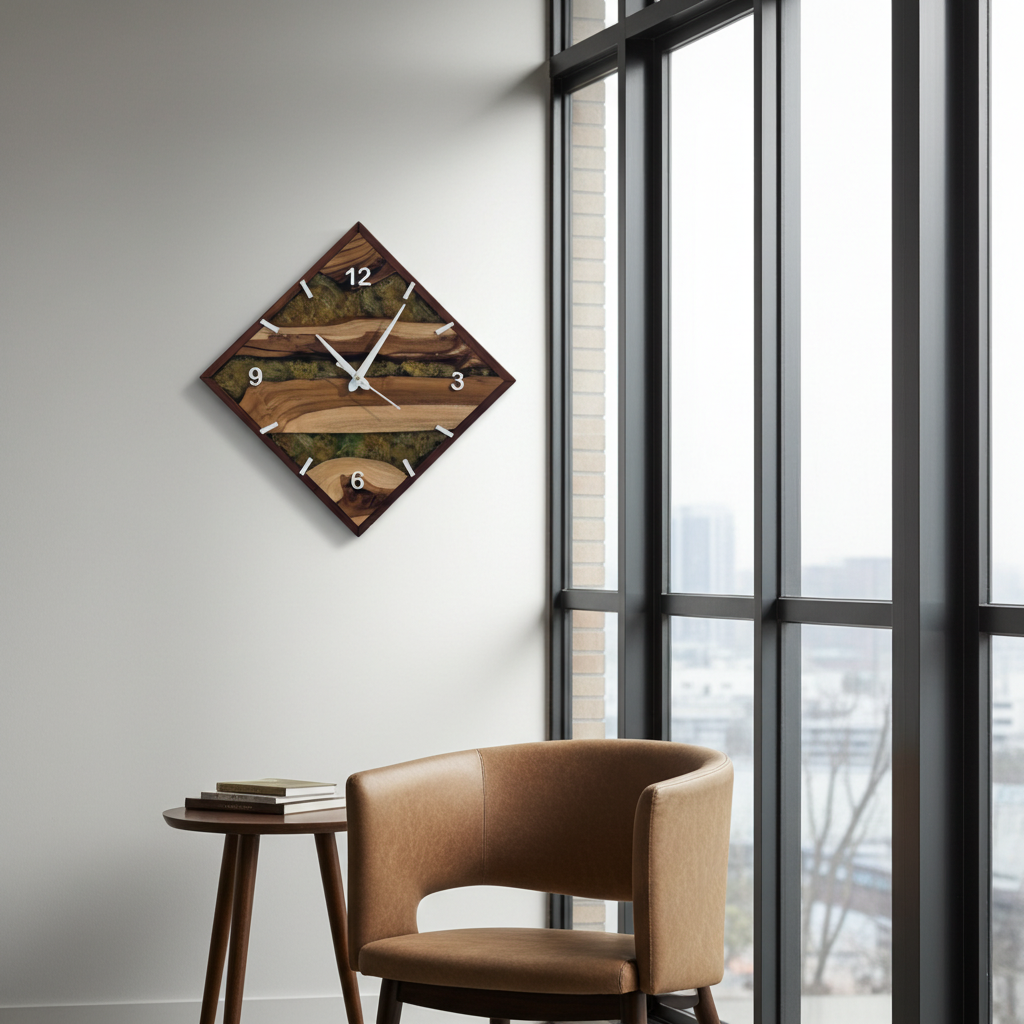 Handcrafted Square Epoxy Wood Wall Clock with Green Moss Inlay – Modern Rustic Design by Woods and Knots