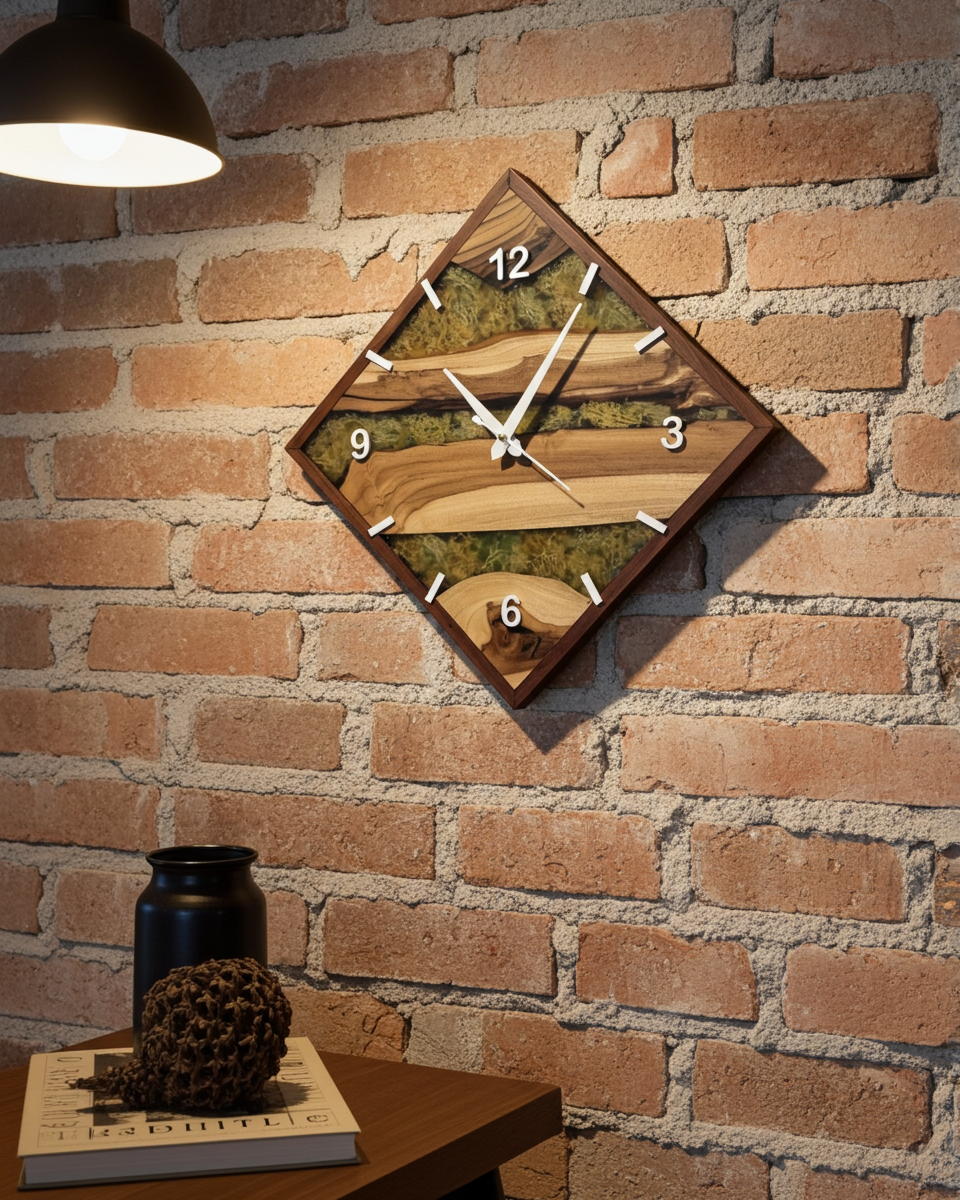 Handcrafted Square Epoxy Wood Wall Clock with Green Moss Inlay – Modern Rustic Design by Woods and Knots
