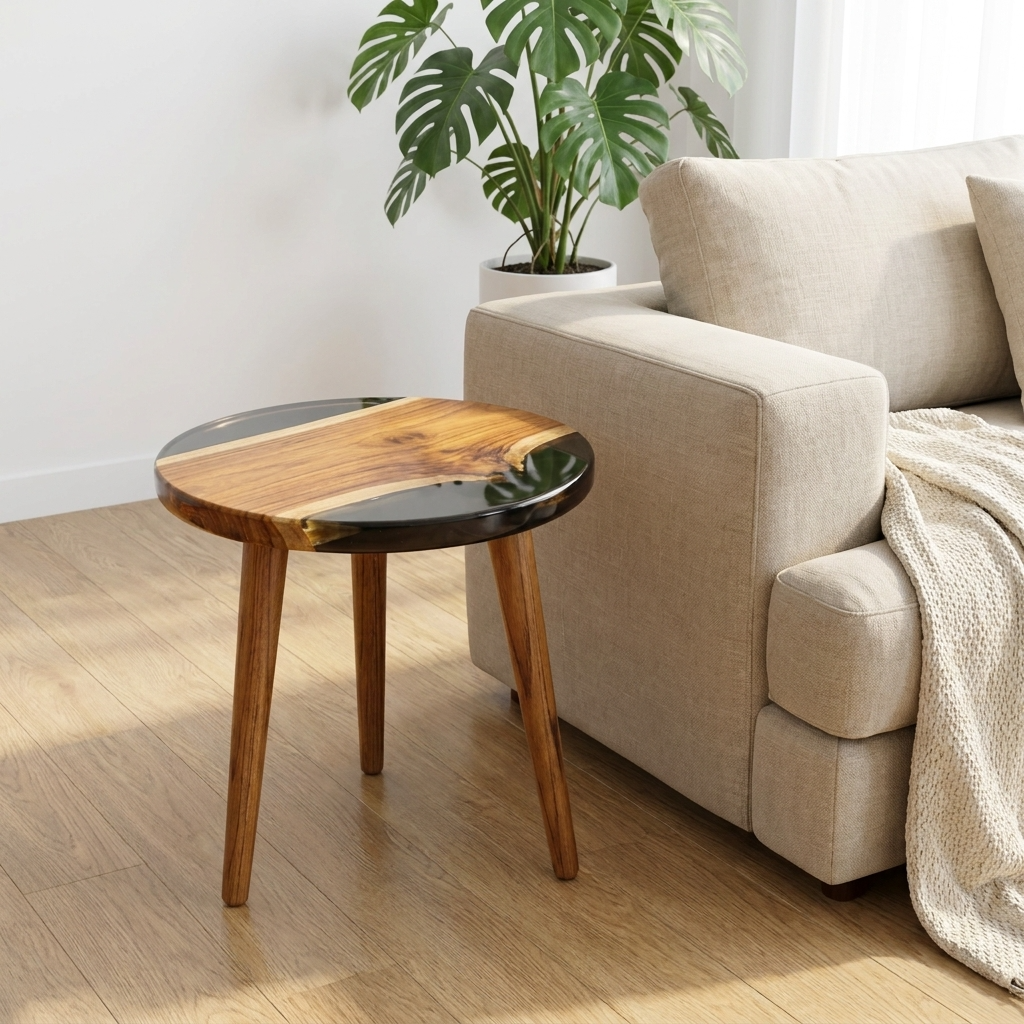 Round Black Resin & Wood Side Table - Woods And Knots
