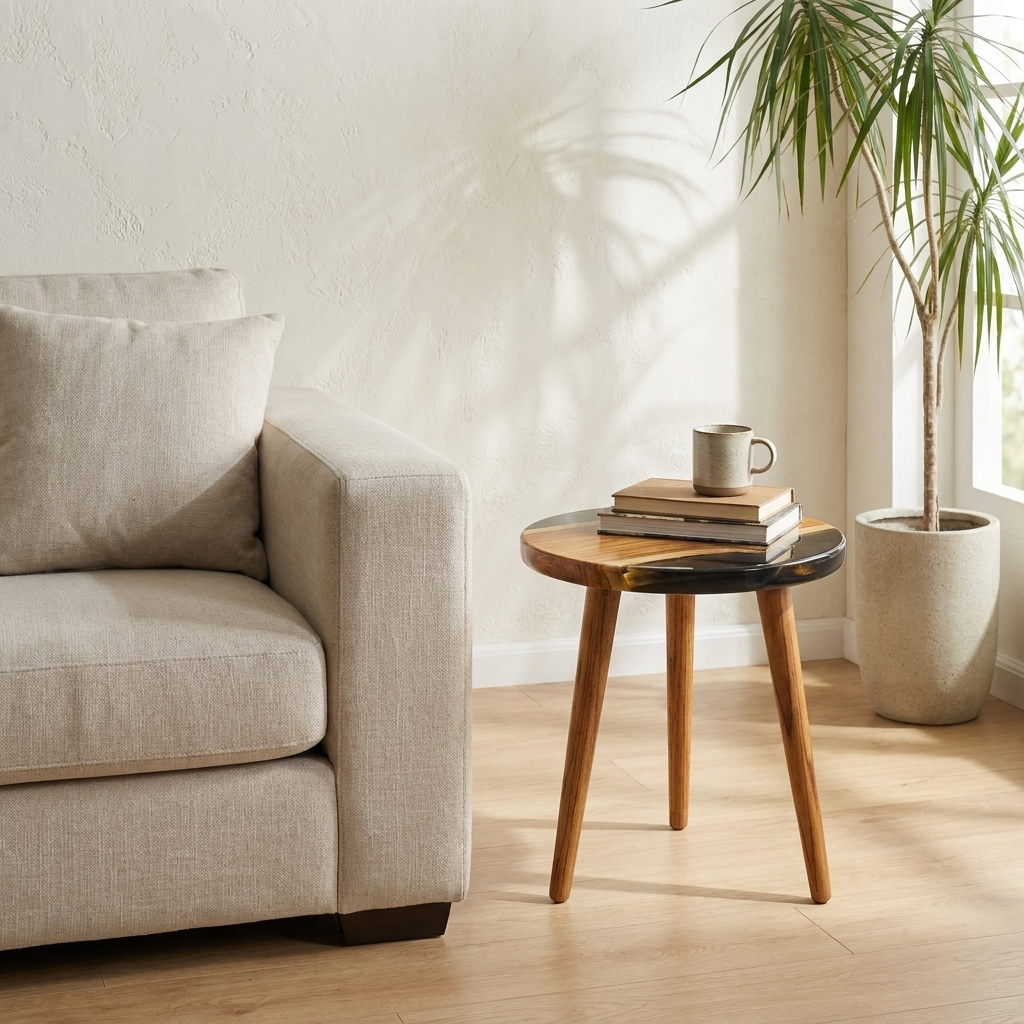 Round Black Resin & Wood Side Table - Woods And Knots