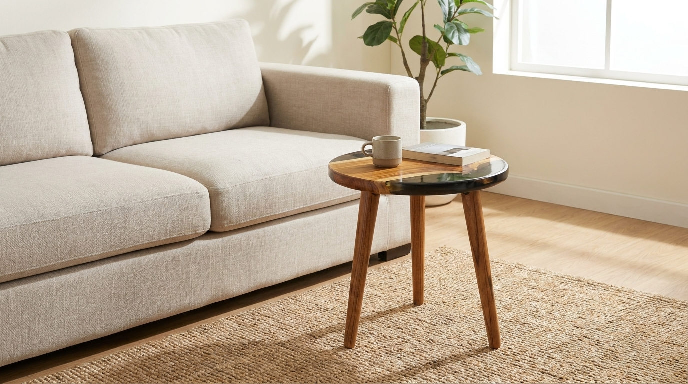 Round Black Resin & Wood Side Table - Woods And Knots