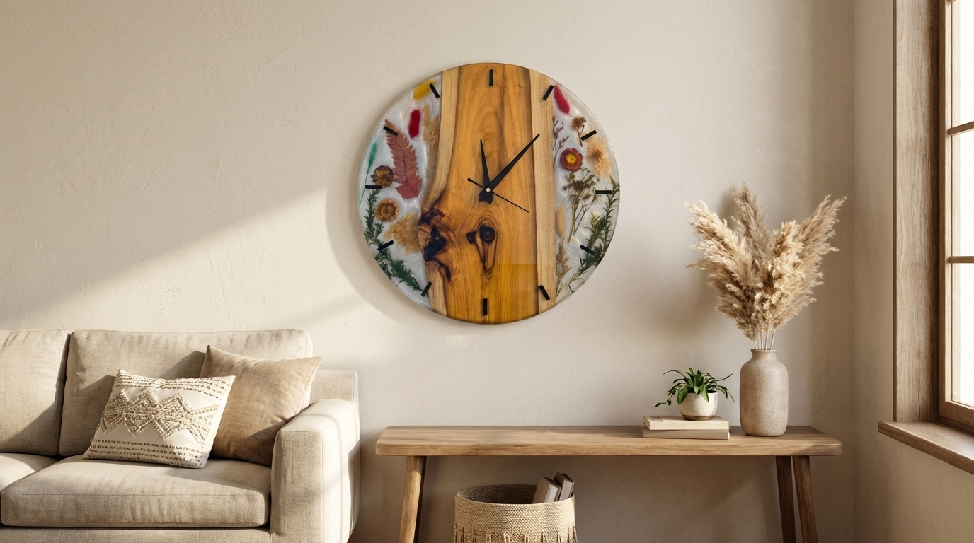 White Floral Resin Wood Wall Clock - Woods And Knots