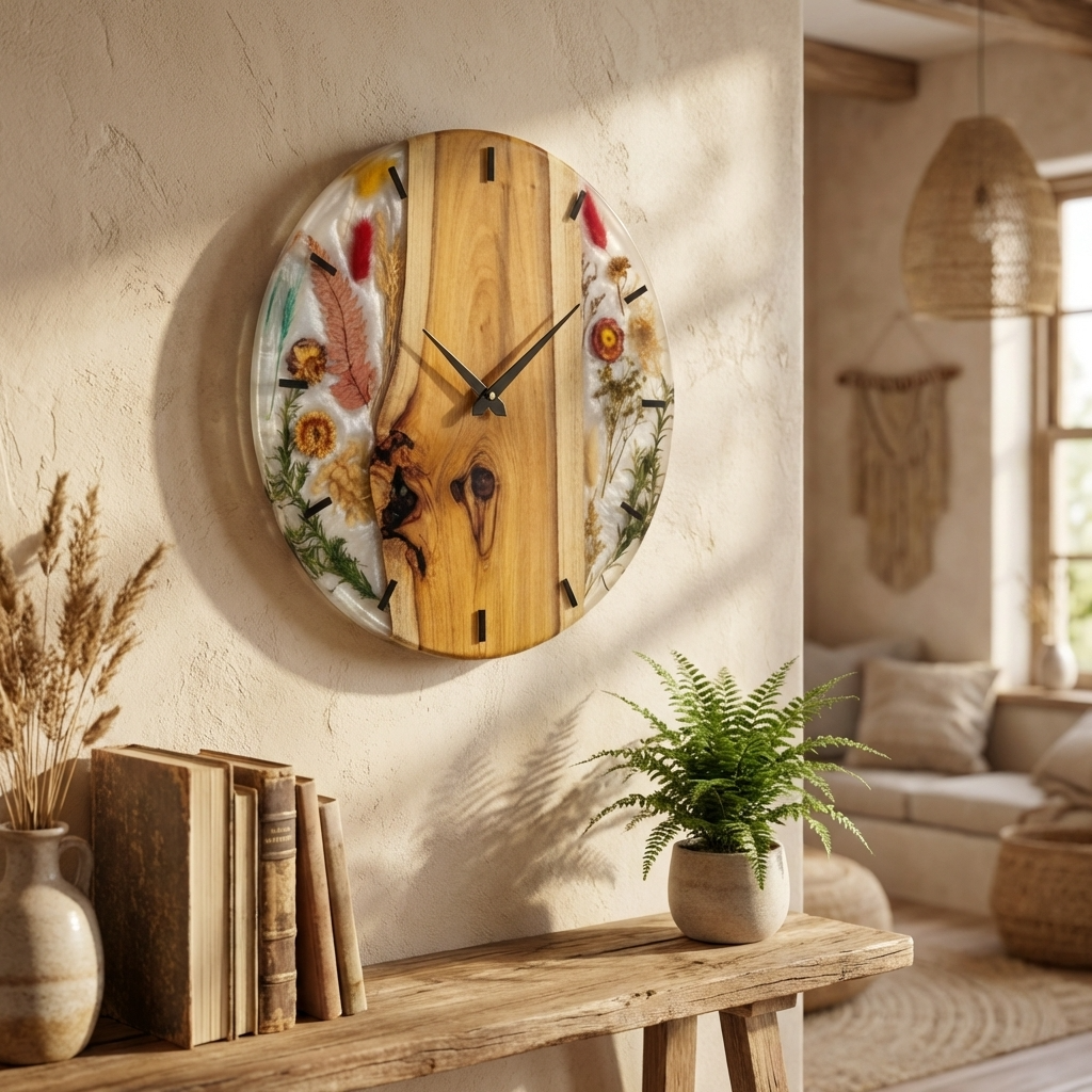 White Floral Resin Wood Wall Clock - Woods And Knots