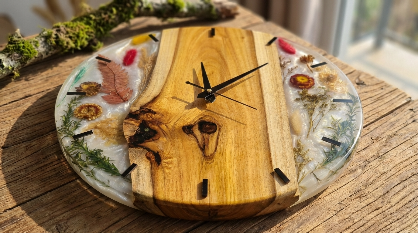 White Floral Resin Wood Wall Clock - Woods And Knots