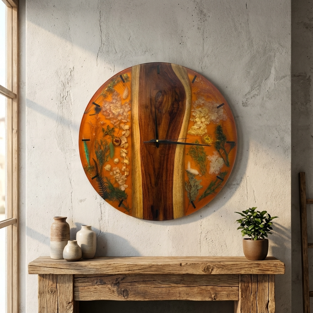Orange Floral Epoxy Wall Clock with Natural Wood - Woods And Knots