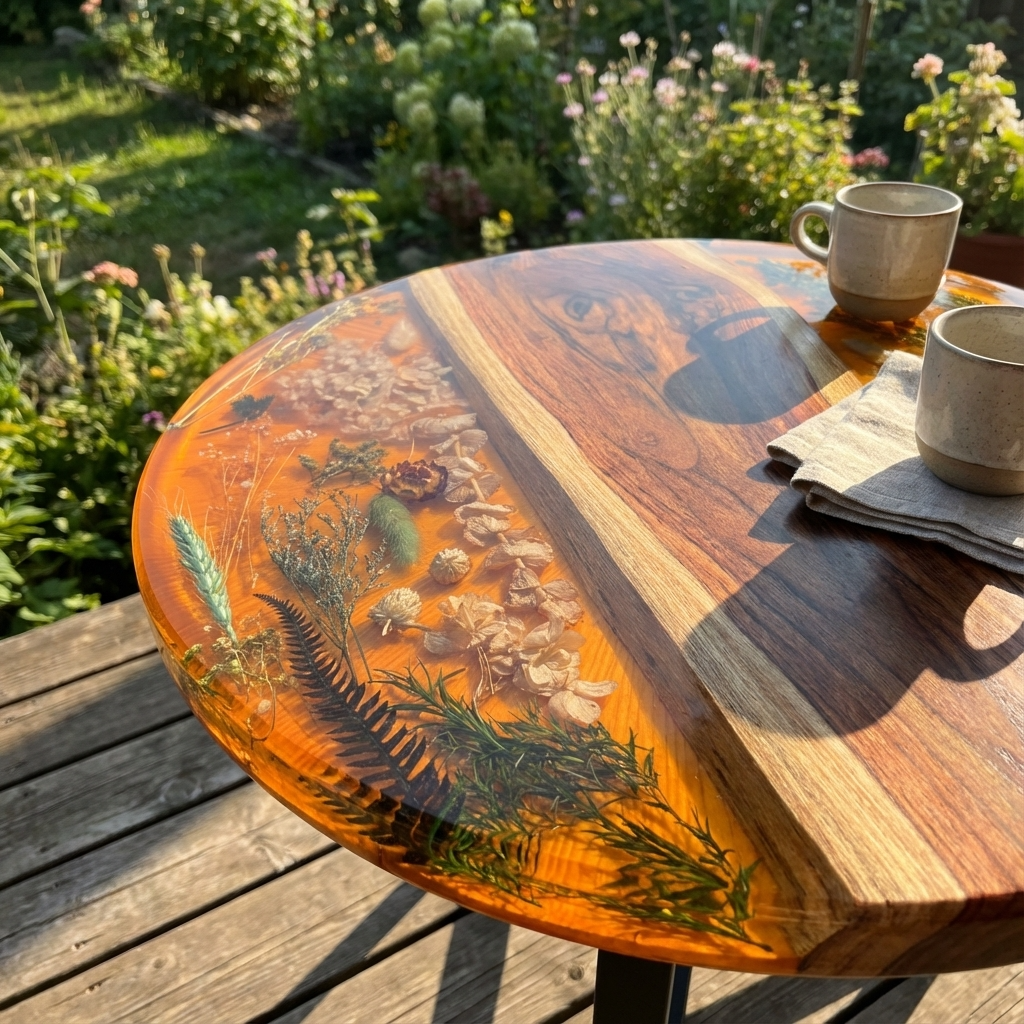 Round Epoxy Wood Side Table with Floral Design - Woods And Knots