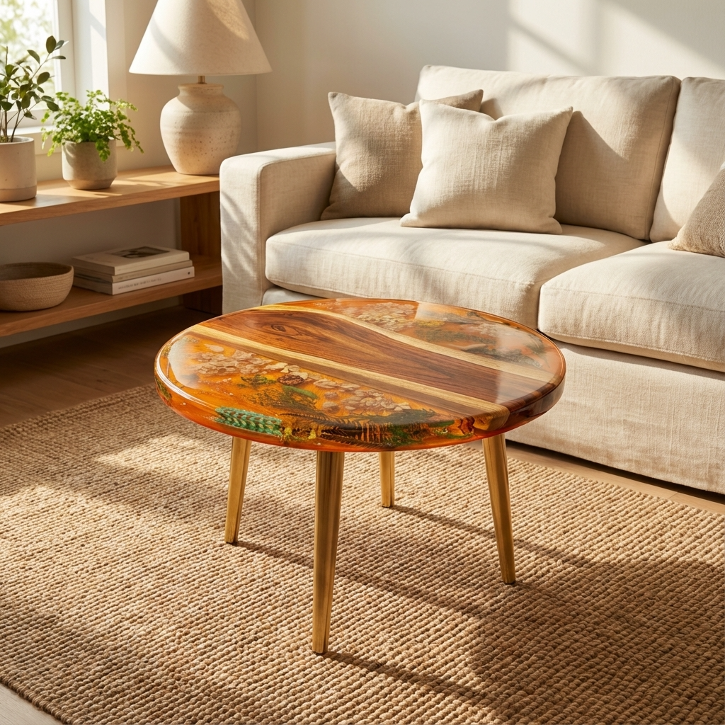 Round Epoxy Wood Side Table with Floral Design - Woods And Knots
