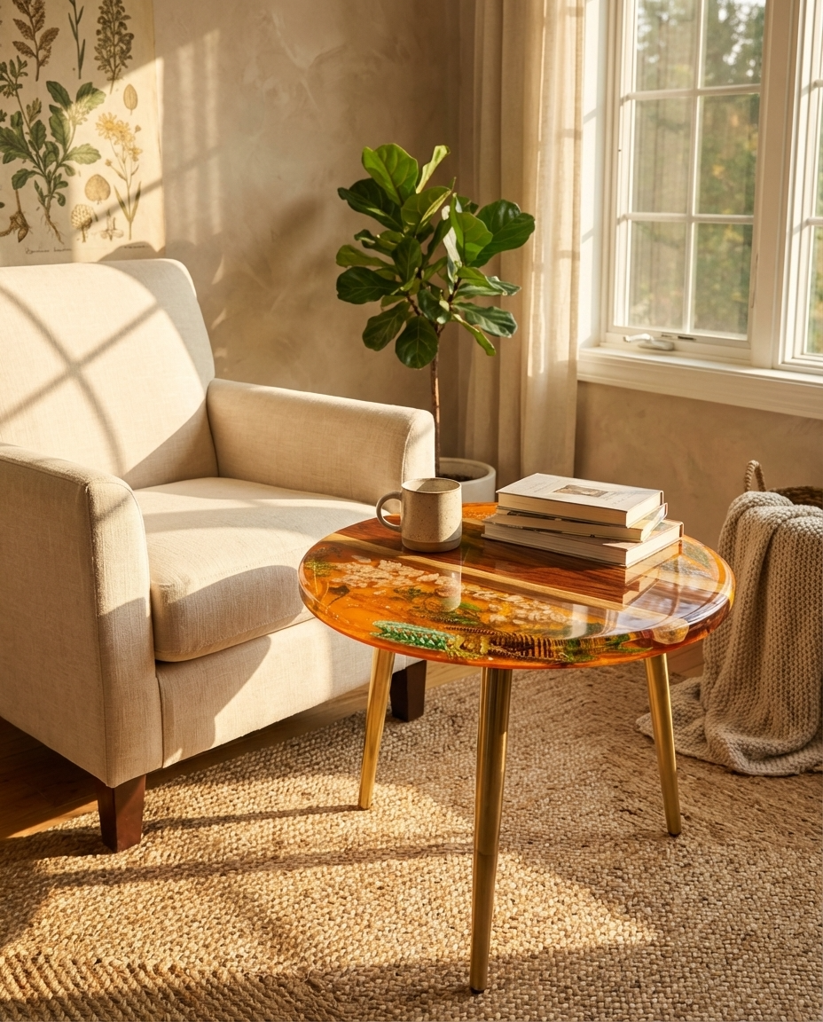 Round Epoxy Wood Side Table with Floral Design - Woods And Knots