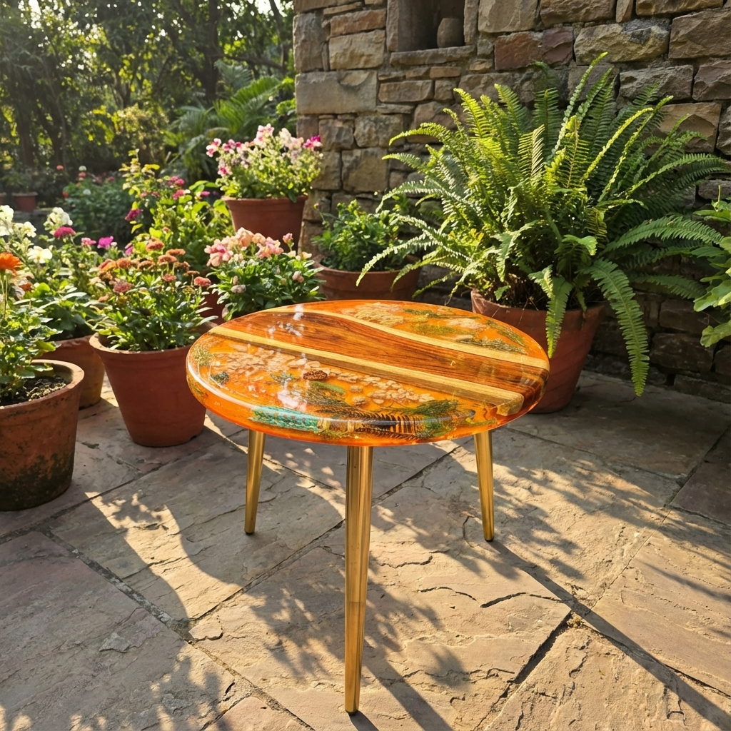 Round Epoxy Wood Side Table with Floral Design - Woods And Knots