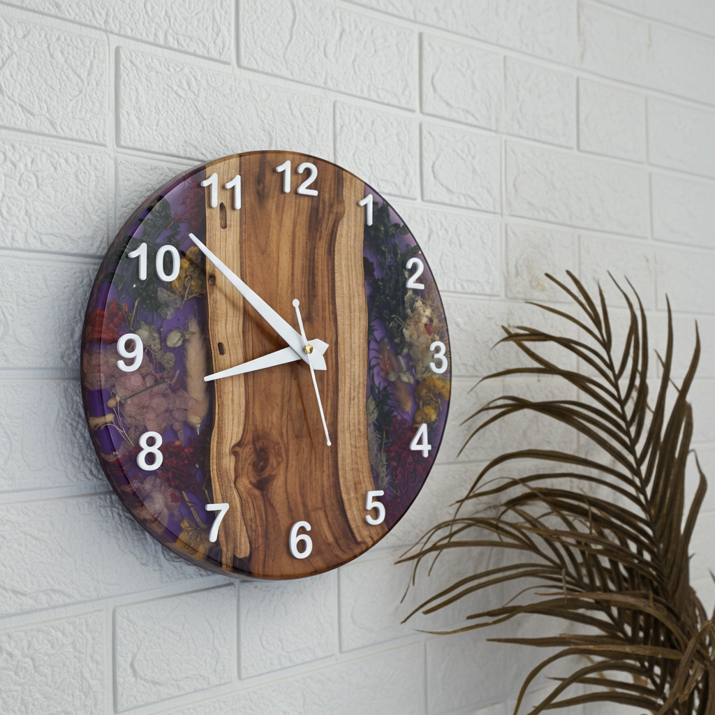 Handmade Epoxy Wood Clock with Dried Flowers - Woods And Knots