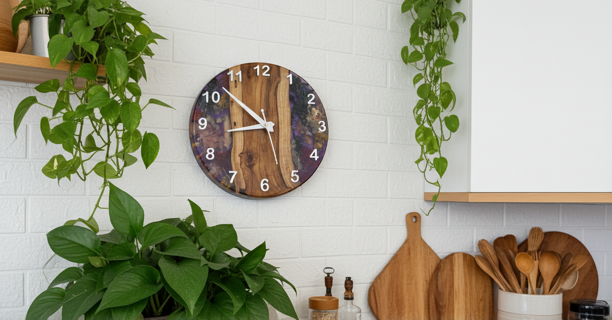 Handmade Epoxy Wood Clock with Dried Flowers - Woods And Knots
